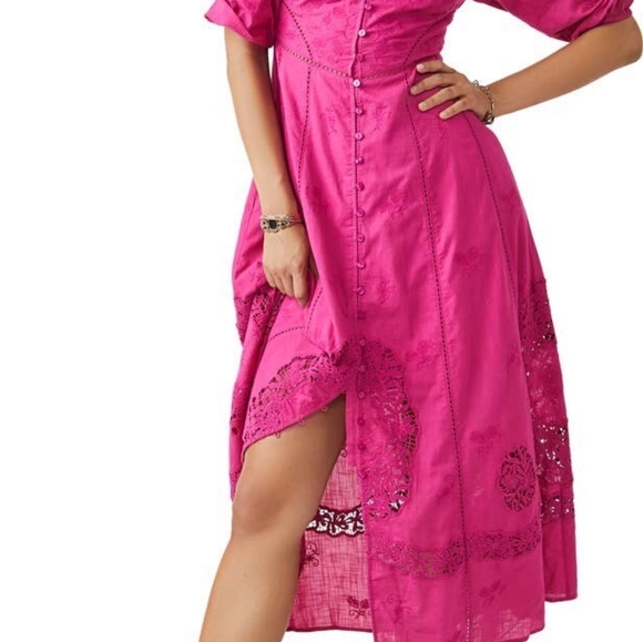 Free People Lisa Lace Midi Dress in Hollyhock Pink - Picture 5 of 7